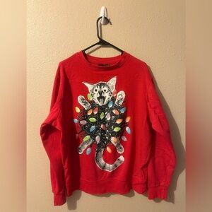 MAD ENGINE Long Sleeve Christmas Crazy Cat Men’s Pullover Sweater LG